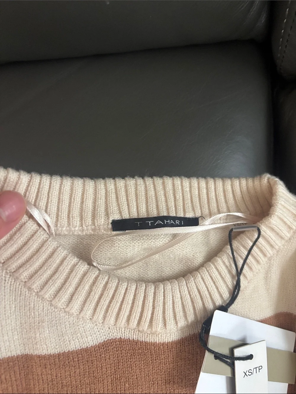Tahari Striped Crewneck Sweater in Cream, Brown and Black